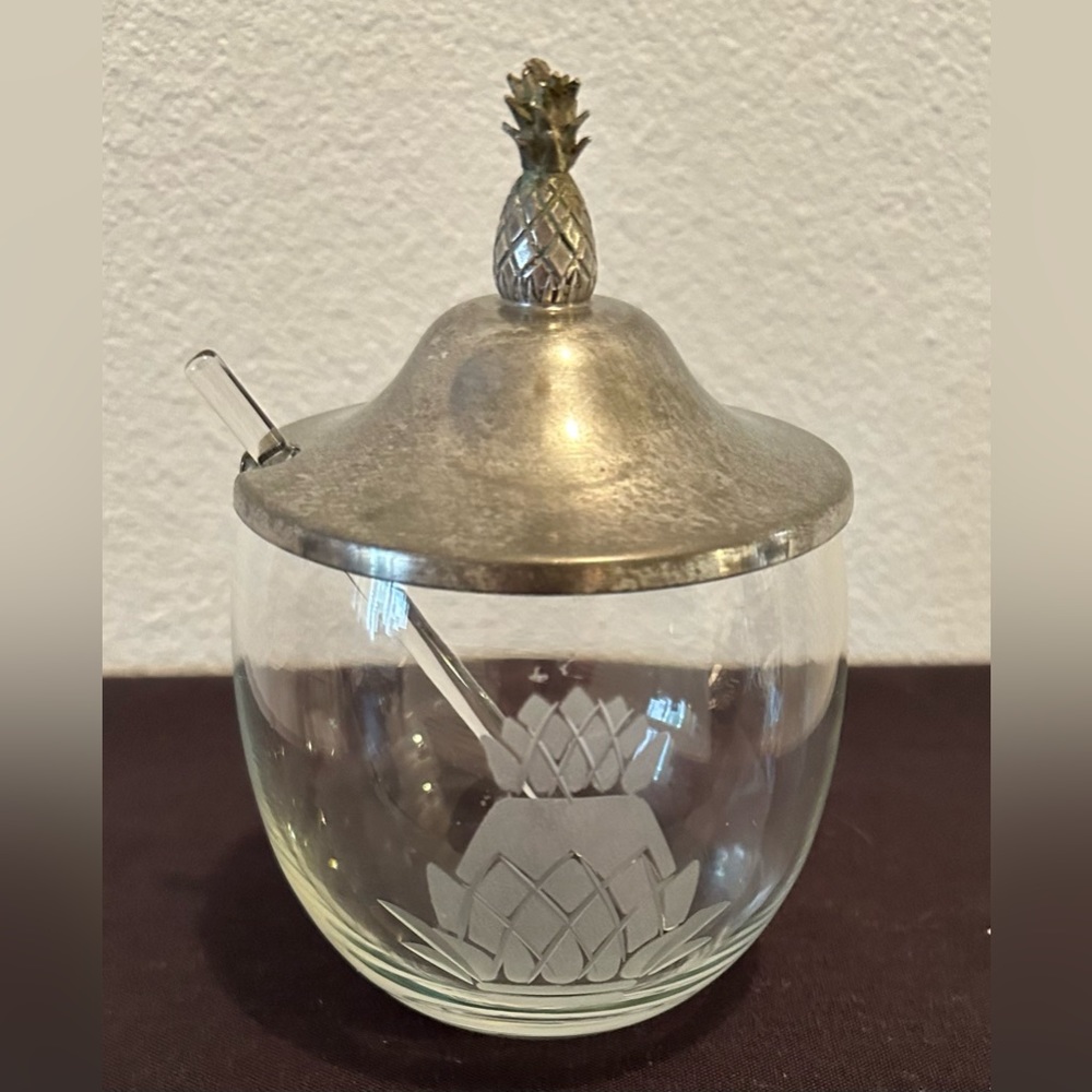 Connecticut House pewter pineapple condiment dish with glass spoon